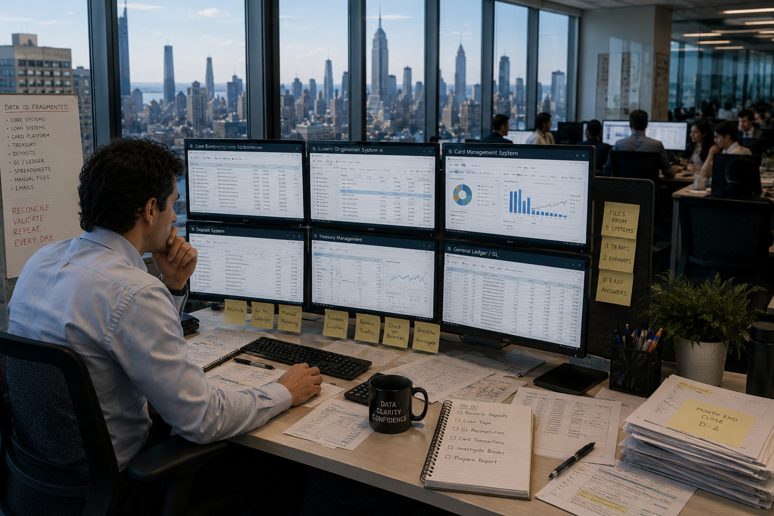 Financial analyst reconciles fragmented banking data across lending, treasury, and deposit systems in New York City.