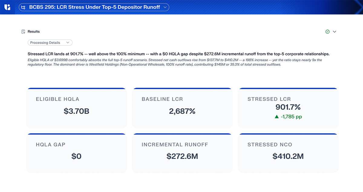 Financial analyst uses Isotopes AI aidnn to reconcile banking data and model LCR runoff risk before AI analysis.