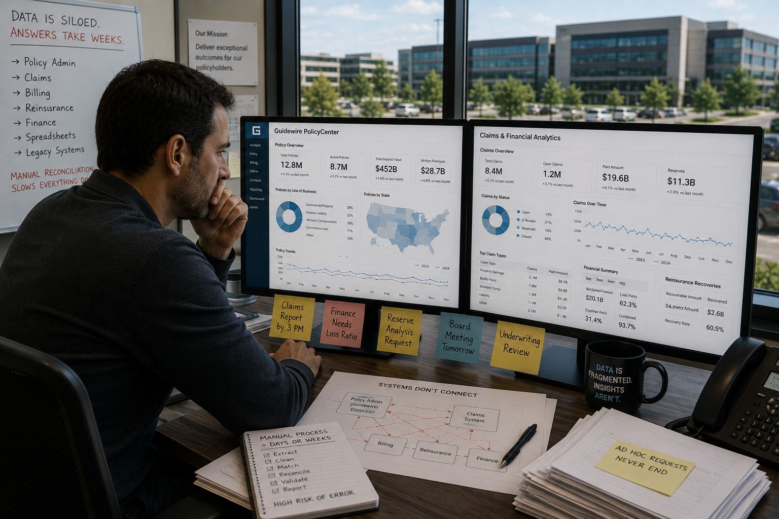 Insurance data analyst reconciling Guidewire policy, claims, finance, and reinsurance data across systems.