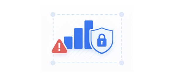 Blue bar chart with a red warning triangle on the left and a blue shield with a lock symbol on the right, representing data risk and security.